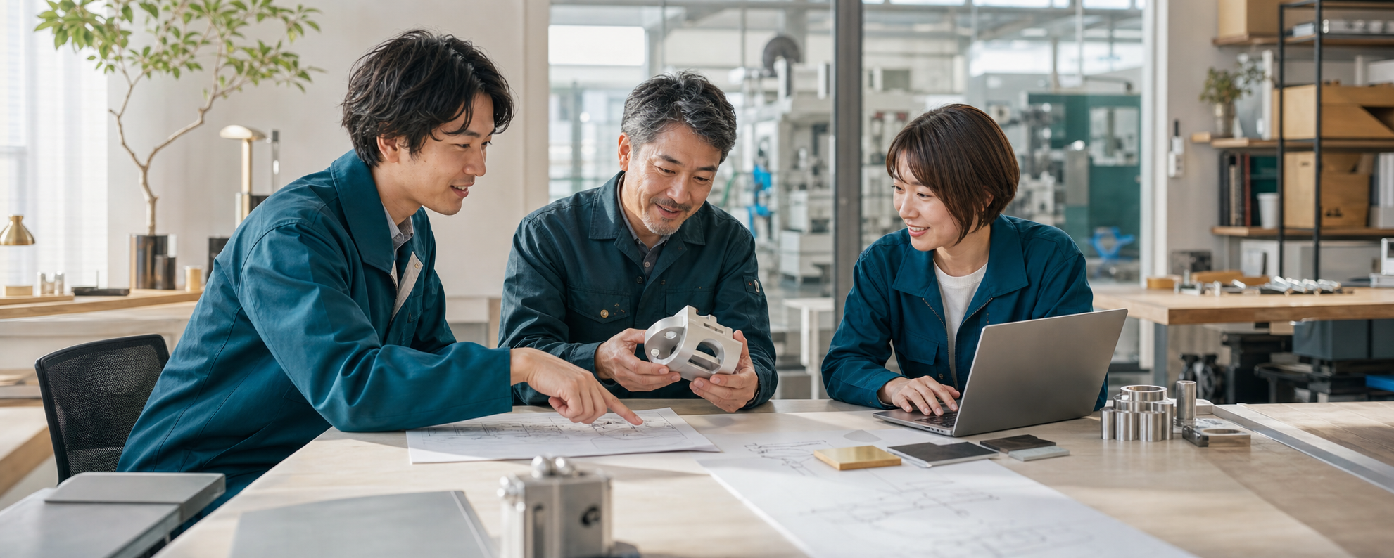 図面と試作品を囲み、ものづくりの構想を検討するイメージ